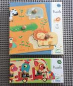 2 houten puzzels met grote knopen Djeco 12 maand +, Gebruikt, Ophalen of Verzenden, Van hout, Minder dan 10 stukjes