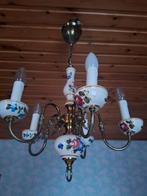 Hanglamp 5 armen vintage met bloemen blauwe tinten jaar 1980, Huis en Inrichting, Lampen | Kroonluchters, Ophalen