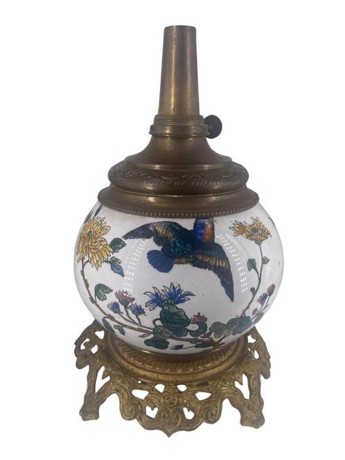 Gien aardewerken olielamp versierd met vogels en libellen, Antiek en Kunst, Antiek | Keramiek en Aardewerk, Ophalen of Verzenden