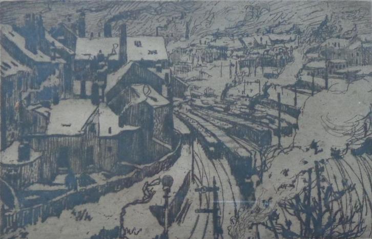 AUGUSTE OLEFFE / GARE DU LUXEMBOURG / ZW-W ETS / 28x35cm KAD, Antiek en Kunst, Kunst | Etsen en Gravures, Ophalen of Verzenden