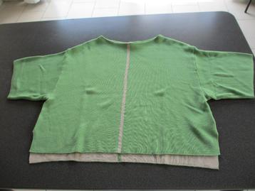 groene pull met korte mouwen.