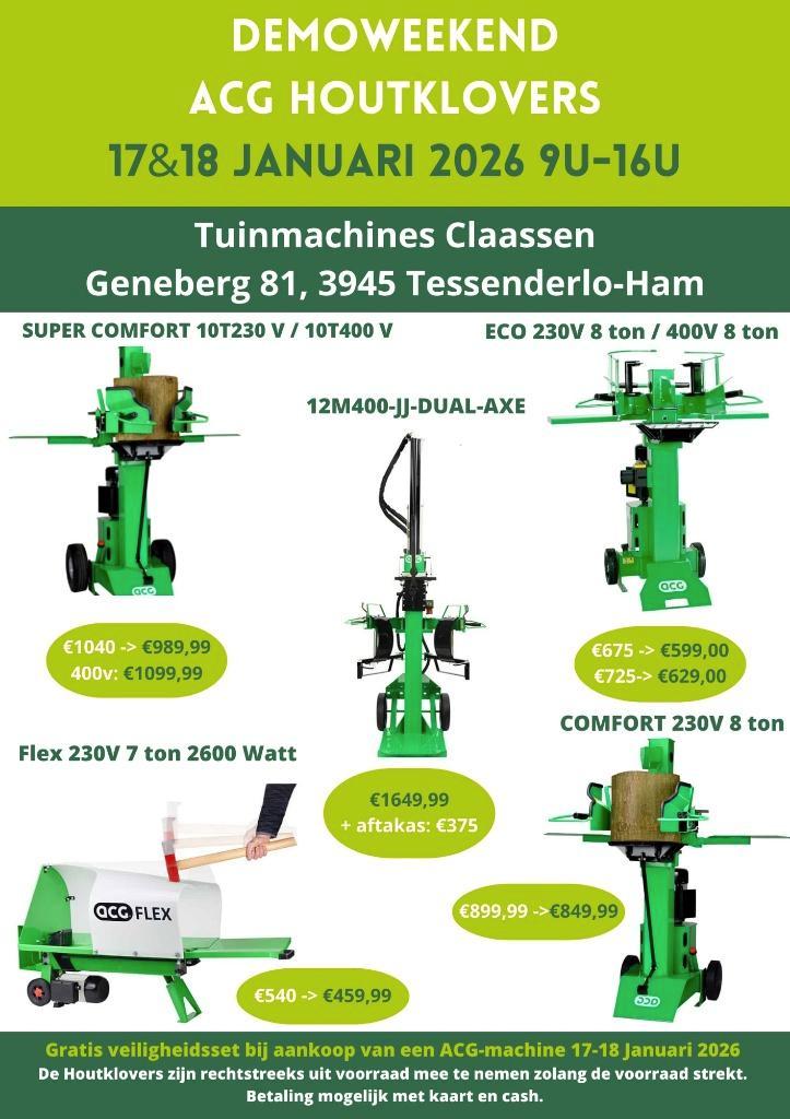 Demo weekend acg houtklievers, Tuin en Terras, Kloofmachines, Nieuw, Elektrisch, Ophalen