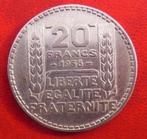 1938 20 francs "TURIN" en argent - port 1,50 ou 3,5 euro au, Frankrijk, Zilver, Losse munt, Verzenden
