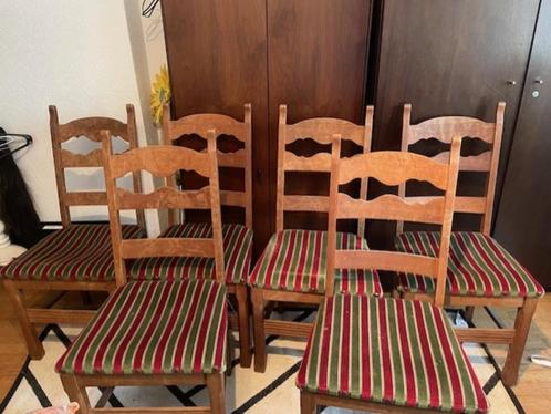 6 vintage retro stoelen, Huis en Inrichting, Stoelen, Gebruikt, Vijf, Zes of meer stoelen, Hout, Stof, Bruin, Ophalen