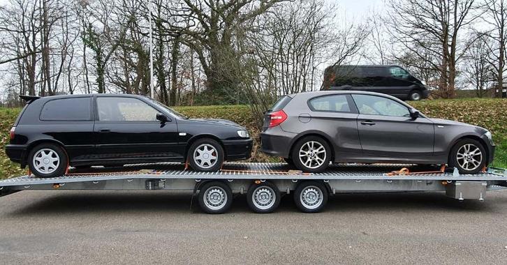 Te Huur : Autotrailer 8.10 m voor 2 auto's., Diensten en Vakmensen, Verhuur | Auto en Motor, Aanhangwagen, Met chauffeur