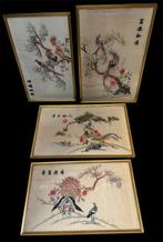 4 x handgeborduurde vogels op Chinese Zijde., Ophalen