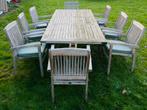 Tuinset tafel en stoelen incl. kussens, Tuin en Terras, Tuinsets en Loungesets, Ophalen, Gebruikt, Teakhout, 8 zitplaatsen