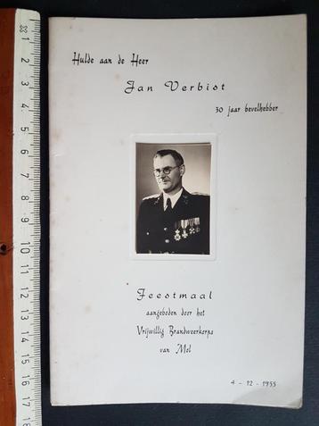 Menu Spijskaart Brandweer Mol Jan Verbist 1955 Pompier