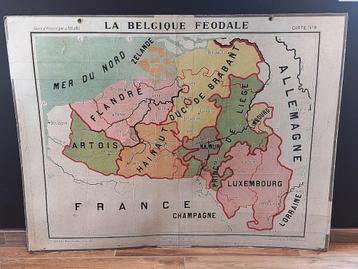 Ancienne carte scolaire la Belgique féodale 130 x 100 cm