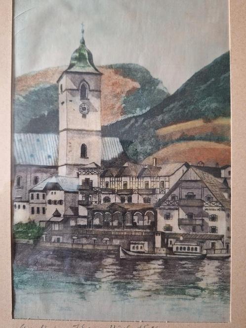 Ets in kleur gedrukt op zijde Weisse Rössl Wolgangsee Klint, Antiek en Kunst, Kunst | Etsen en Gravures, Ophalen of Verzenden