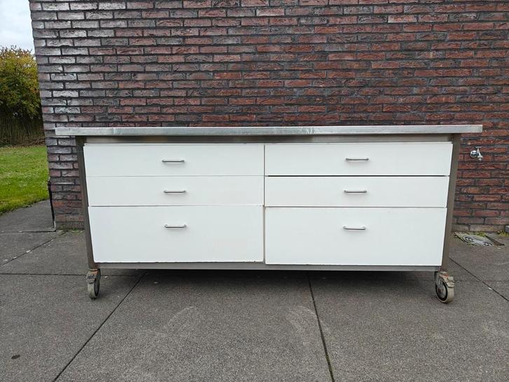 RVS (inox) werktafel 200cm met 6 ingebouwde schuiven, Zakelijke goederen, Horeca | Meubilair en Inrichting, Gebruikt, Ophalen