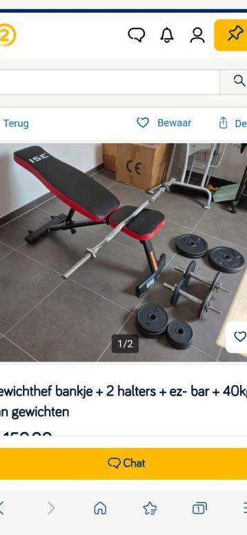 Gewichthef bankje + 2 halters + ez- bar + 40kg aan gewichten beschikbaar voor biedingen