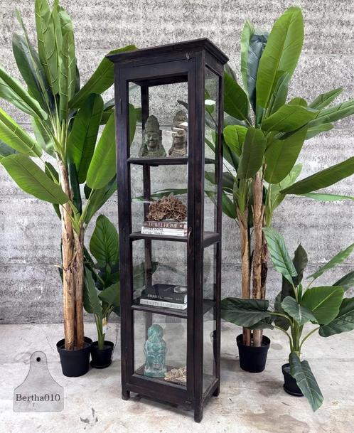 Hoge vitrinekast met oud gebobbeld glas, Huis en Inrichting, Kasten | Boekenkasten, Zo goed als nieuw, 50 tot 100 cm, 200 cm of meer