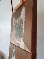 3 schilderijtjes Bulldogs op canvas  linnen doek 30x30, Antiek en Kunst, Ophalen of Verzenden