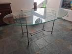Glazen tafel en smeedijzeren poten, Huis en Inrichting, Tafels | Salontafels, Ophalen, Zo goed als nieuw, Ovaal, Glas