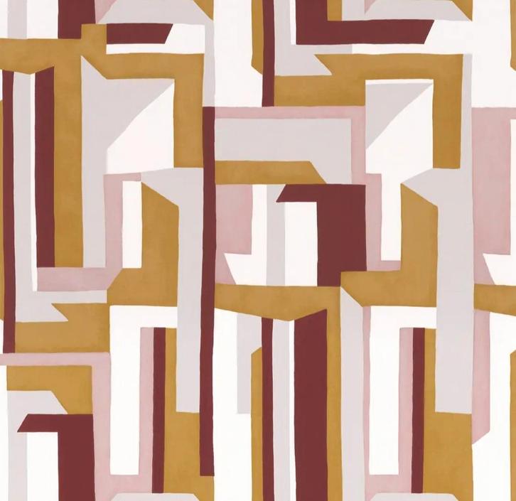 Hoogwaardig Casamance retro geometrisch patroonbehang, Huis en Inrichting, Stoffering | Behang, Blauw, Beige, Bruin, Geel, Paars