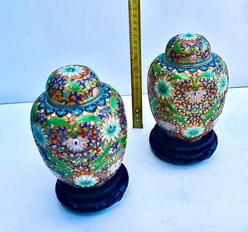 Vases vintage avec couvercles Technique Champlevé Cloisonné 