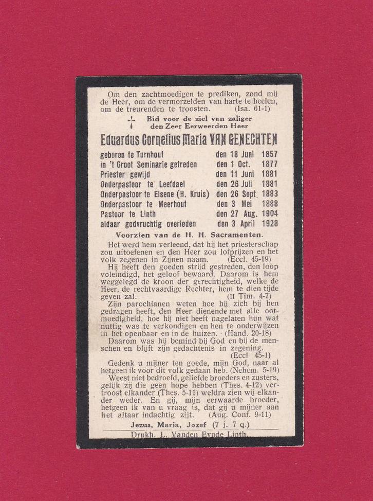 DP Priester Eduardus Cornelius Van Genechten, Verzamelen, Bidprentjes en Rouwkaarten, Bidprentje, Verzenden