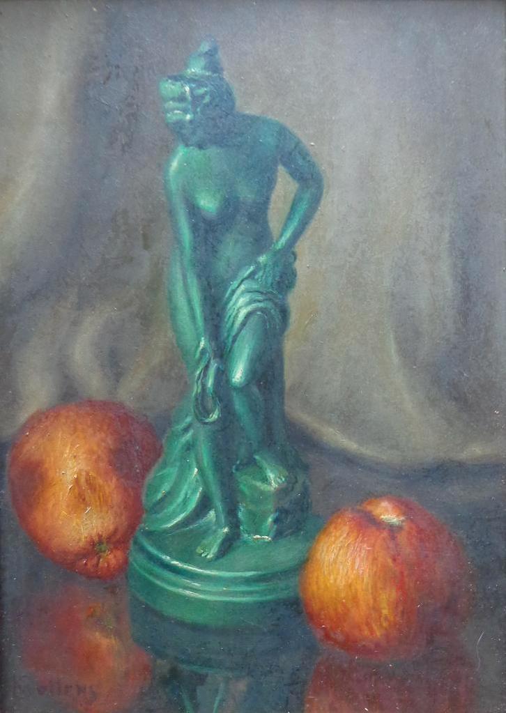 KAREL WOLLENS / BEELDJE & APPELS / OLIEVERF / 41x31cm KADER, Antiquités & Art, Art | Peinture | Moderne, Enlèvement ou Envoi