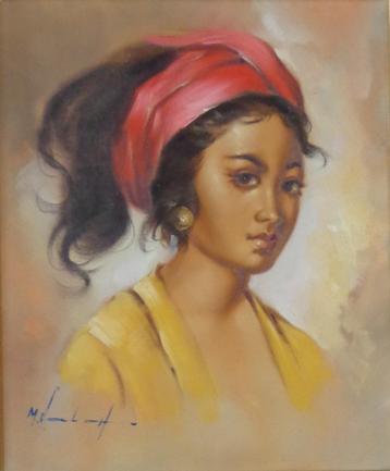 THAISE SCHOOL / JONGE VROUW / OLIEVERF DOEK / 67x56cm KADER beschikbaar voor biedingen