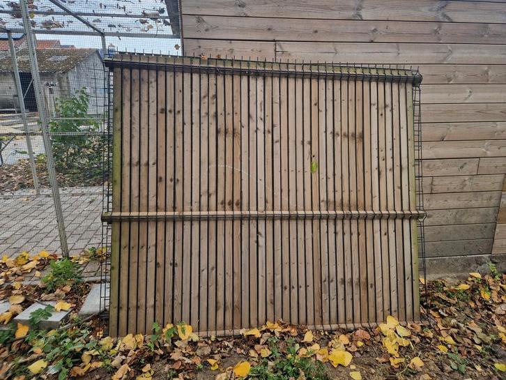 Bekaert panelen 3 stuks met houten latten en palen, Tuin en Terras, Schuttingen, Gebruikt, Ophalen