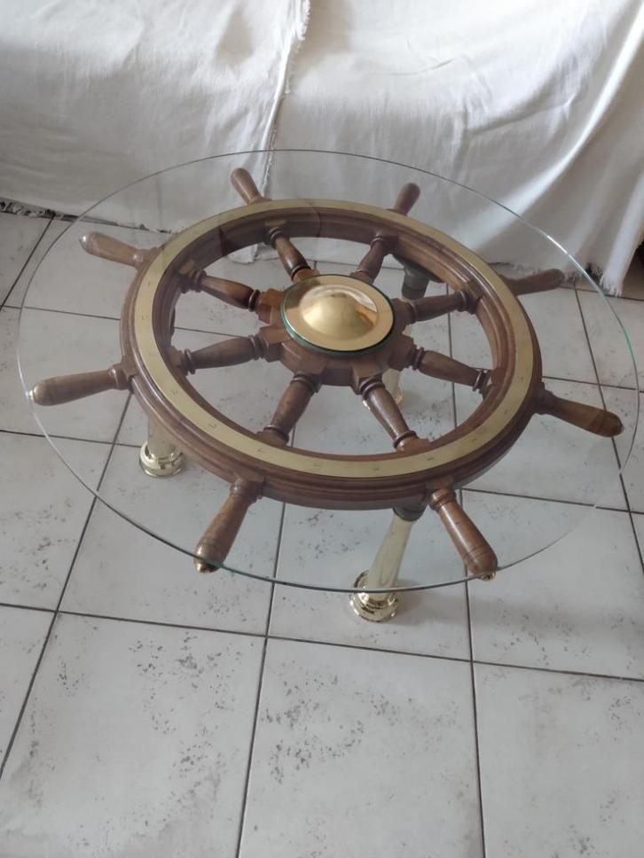 Tafel met authentiek eiken scheepswiel en koperen poten, Antiek en Kunst, Antiek | Meubels | Tafels, Ophalen
