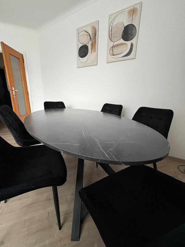 IKEA Mariedamn eettafel + 6 suède stoelen, Huis en Inrichting, Tafels | Eettafels, Zo goed als nieuw, 100 tot 150 cm, 150 tot 200 cm