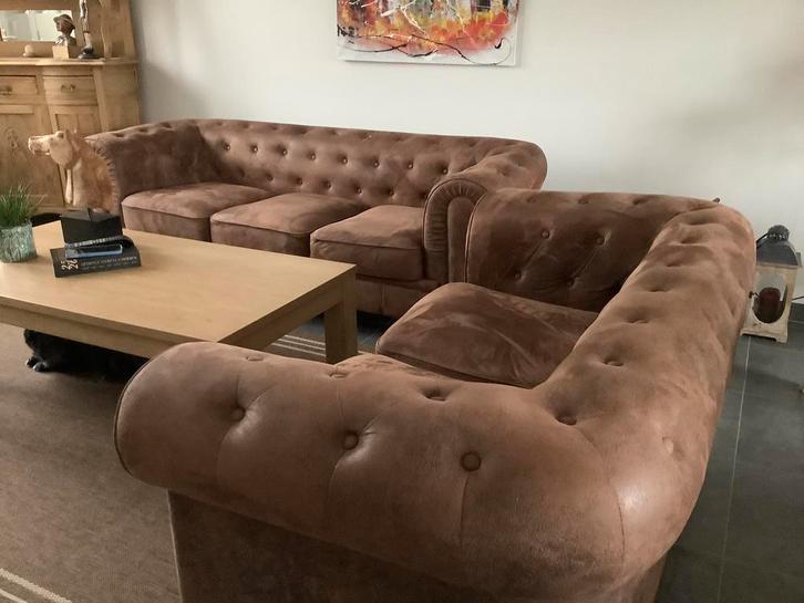 Salon driezit en tweezit cognac kleur alcantare, Huis en Inrichting, Zetels | Complete zithoeken, Zo goed als nieuw, Ophalen