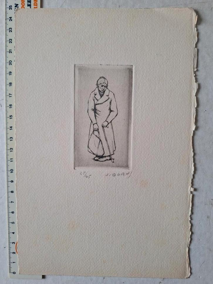 Kleine ets Jaak Gorus Oude vrouw met wandelstok en lange jas, Antiquités & Art, Art | Eaux-fortes & Gravures, Enlèvement ou Envoi