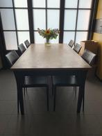 Verlengbare eettafel met leren stoelen(6-10 personen), Ophalen, Gebruikt, Eikenhout, 200 cm of meer