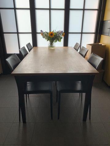Verlengbare eettafel met leren stoelen(6-10 personen), Huis en Inrichting, Ophalen, Gebruikt, Eikenhout, 200 cm of meer