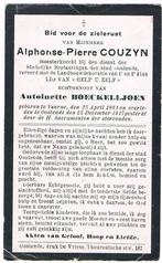 Pk. Couzyn Alphonse. ° Veurne 1861 † Oostende 1917, Ophalen of Verzenden, Bidprentje