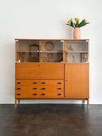 Grand buffet secrétaire vitré en chêne, années 70, Huis en Inrichting, Kasten | Secretaires, Ophalen of Verzenden
