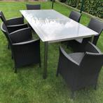 Tuintafel met 6 rotanstoelen en sierkussen, Ophalen, Inox, Gebruikt, Eettafel