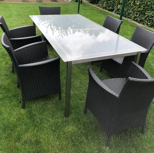 Tuintafel met 6 rotanstoelen en sierkussen, Tuin en Terras, Tuinsets en Loungesets, Gebruikt, Tuinset, Inox, 6 zitplaatsen, Eettafel
