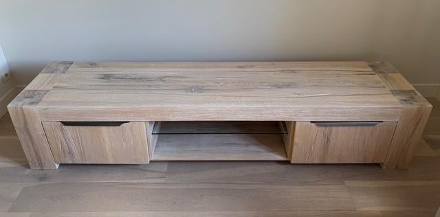 tv-meubel lowboard massieve eik whitewash LEEDS, Ophalen, Glas, 200 cm of meer, Minder dan 100 cm