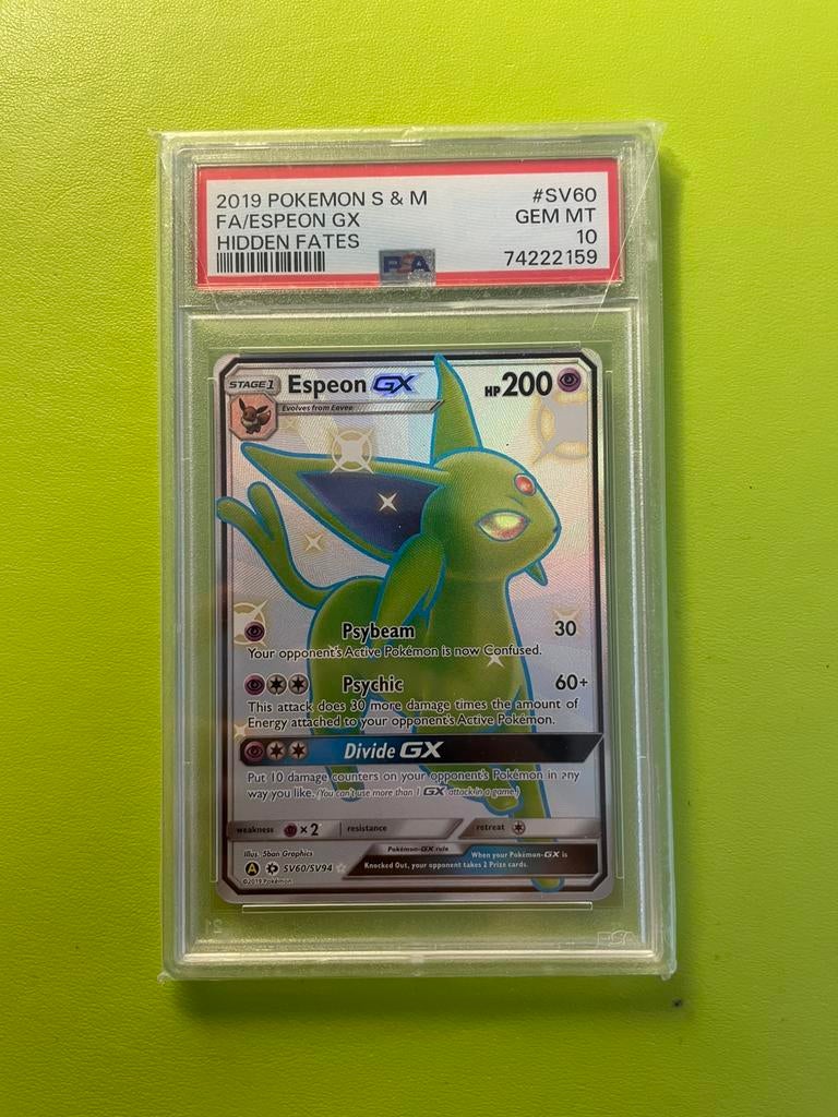 Espeon GX sun & moon hidden fates pokemon kaart PSA 10, Ophalen, Nieuw, Losse kaart, Foil