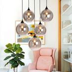 Hanglamp -5 bollen - smoke glass- ronde plaat, Ophalen, Nieuw, Glas