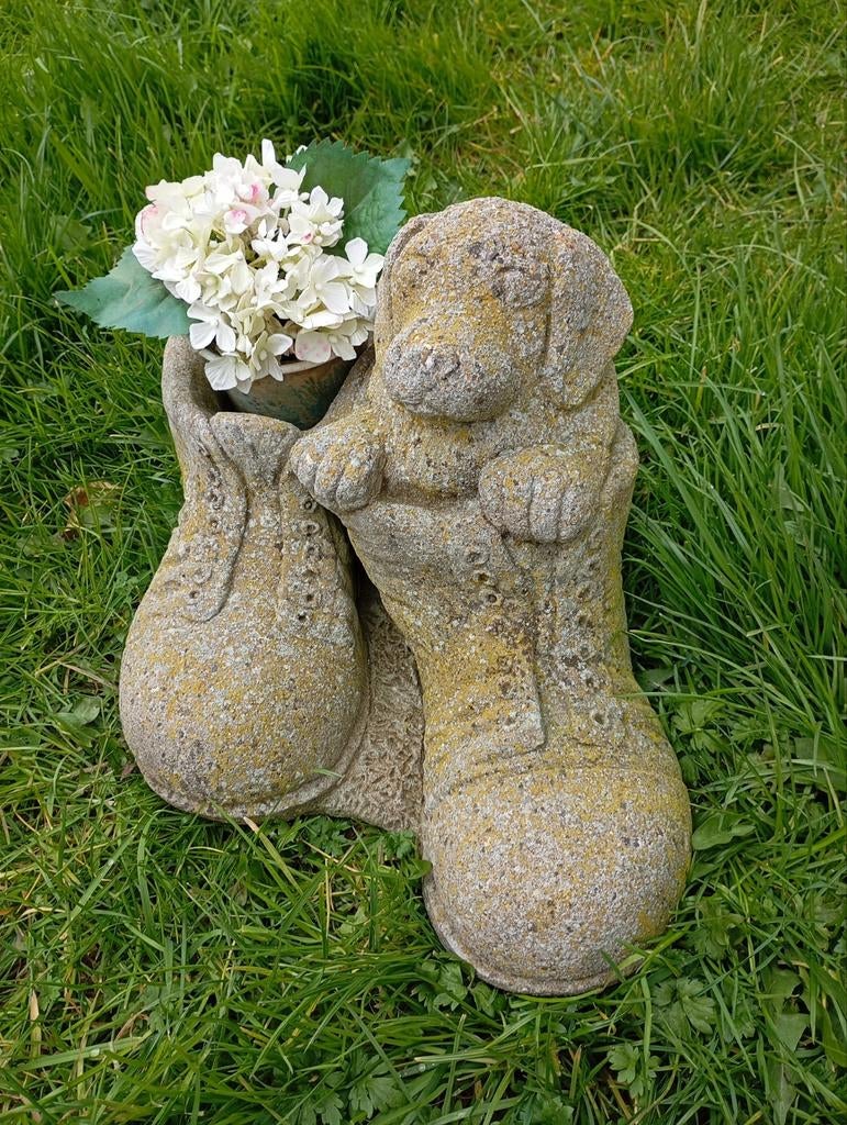 Betonnen Tuinbeeld .. Hondje in Schoenen, Ophalen, Zo goed als nieuw, Beton, Dierenbeeld