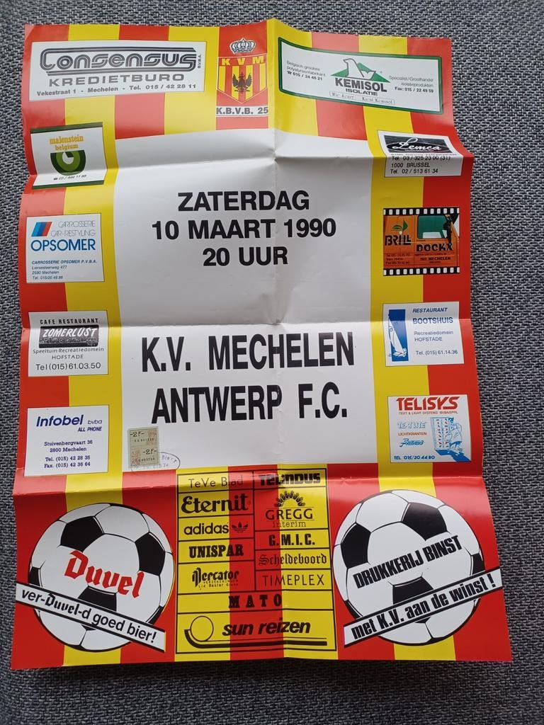 Affiche poster KV Mechelen FC Antwerp 10 maart 1990, Verzamelen, Sportartikelen en Voetbal, Verzenden