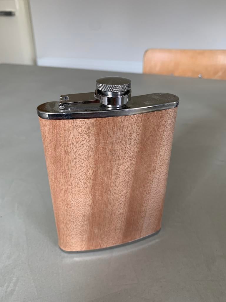 Heupfles - borstfles met houtlaagje afgewerkt - flacon flask, Ophalen of Verzenden, Zo goed als nieuw