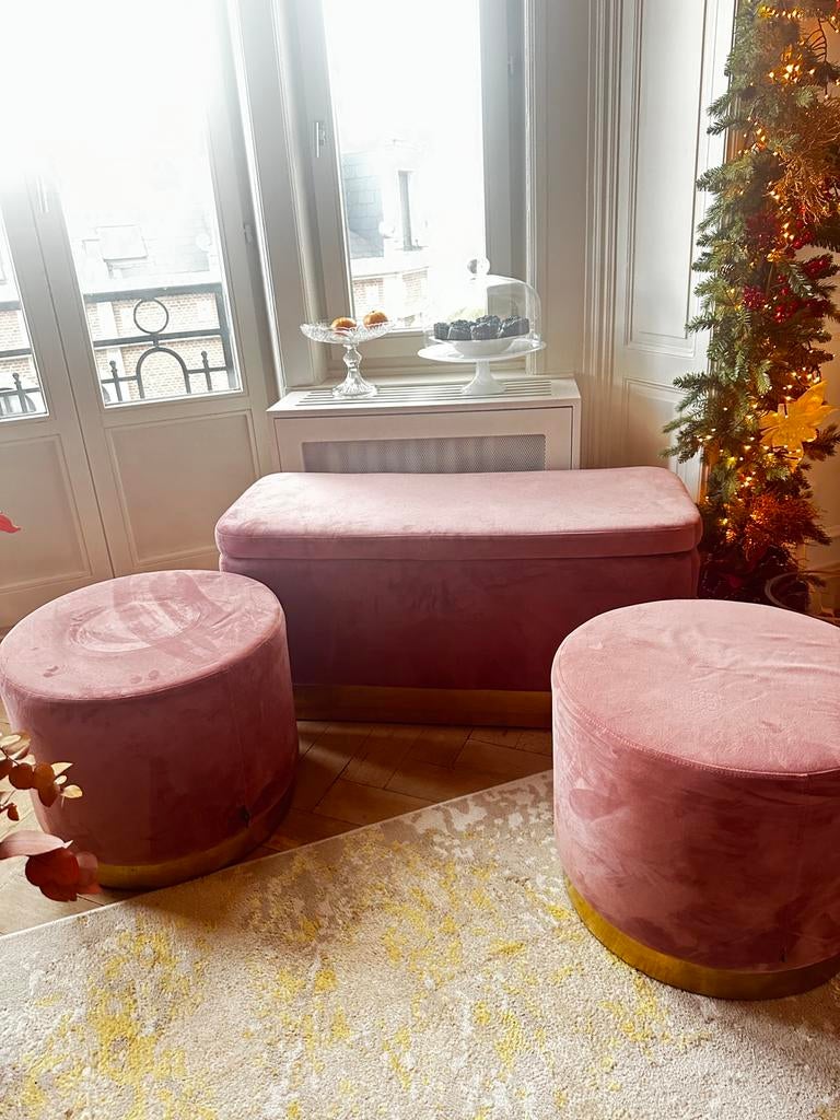 Roze velvet poef set met bijpassend bankje, Huis en Inrichting, Ophalen, Gebruikt