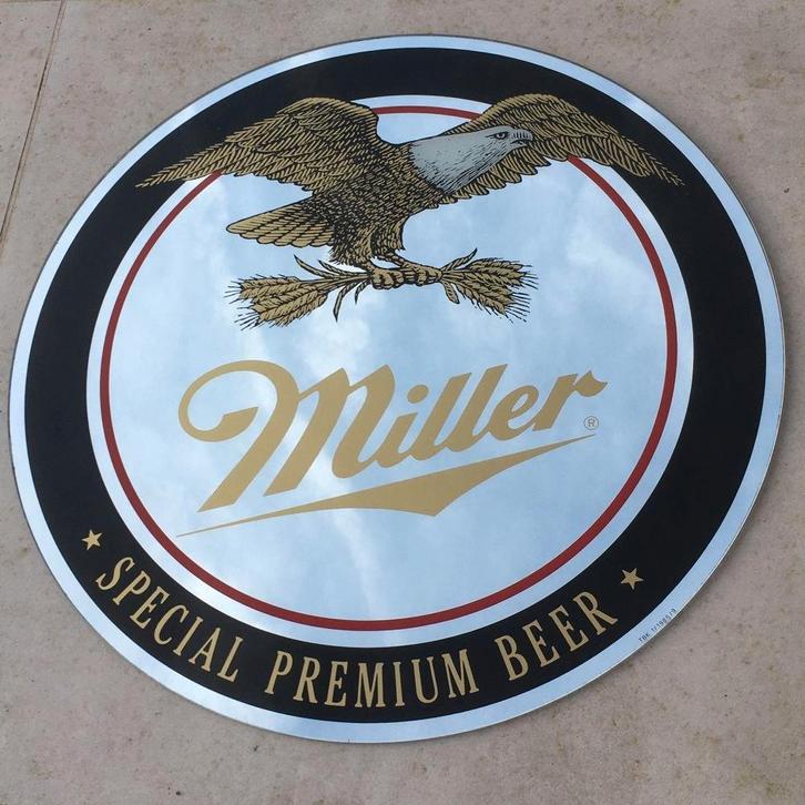 Ronde spiegel Miller - 1985 - Glas, Verzamelen, Biermerken, Gebruikt, Reclamebord, Plaat of Schild, Overige merken, Ophalen of Verzenden