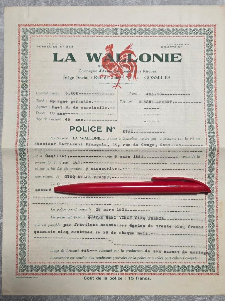 1930+Coq Hardi+La Wallonie+Assurance+Couillet, Collections, Marques & Objets publicitaires, Comme neuf, Autres types, Enlèvement