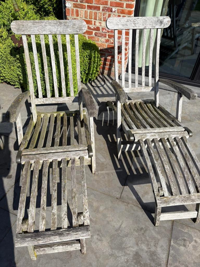 Deckchairs 2x teak, Ophalen, Gebruikt, Teakhout, Verstelbaar