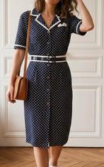 vintage blauwe polkadot jurk + riem, Vintage, Longueur genou, Bleu, Envoi