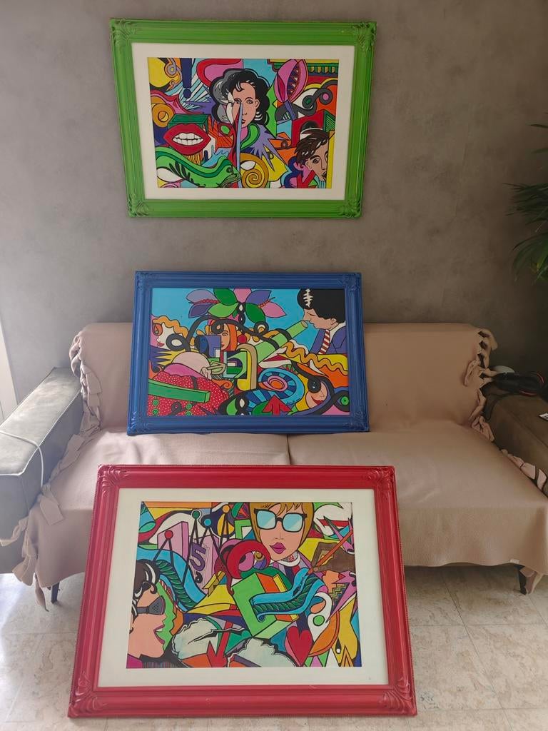 Uniek Drieluik Pop-Art Handgeschilderd Lida Ni." (2005/2009), Antiek en Kunst, Kunst | Schilderijen | Abstract, Ophalen