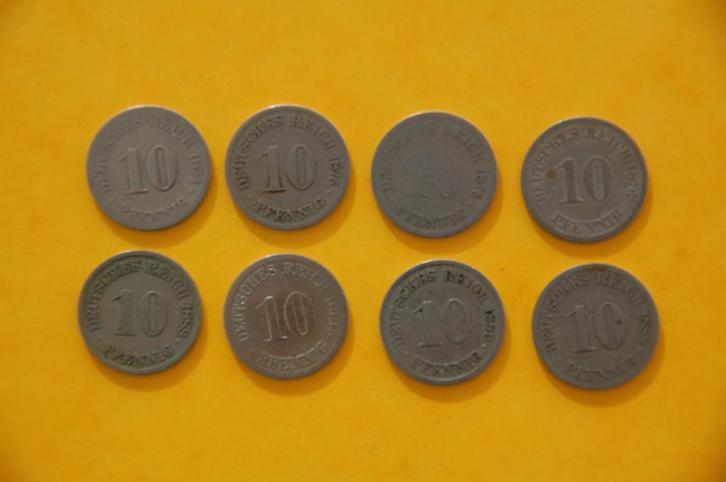 REICH : 10 Pfennig 1874-1889D ; mooi lot met 8 VERSCHILLENDE, Postzegels en Munten, Munten | Europa | Niet-Euromunten, Setje, Duitsland