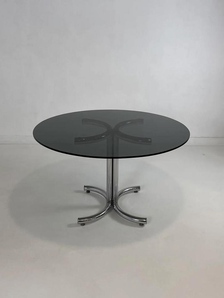 X vintage chrome ronde eettafel, gerookt glas, 70’s, Huis en Inrichting, Tafels | Eettafels, Gebruikt, Rond, Glas, Ophalen of Verzenden