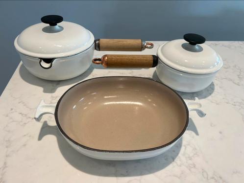 Set Le Creuset La Mama 14, 17 en 21 cm in heel goede staat, Huis en Inrichting, Keuken | Potten en Pannen, Zo goed als nieuw, Koekenpan of Braadpan